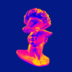 Glitch art psychedelic colors illustration concept from 3D rendering of corrupted graphics in vintage CRT TV style glitch deformed classical head marble sculpture on colorful background.