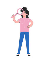 Girl in full growth holds a magnifying glass. Isolated on white background. Good for apps, presentations and websites. Vector.