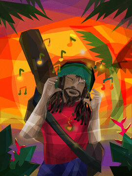 A Rastafari Musician listening music from his headphones. Digital Art.