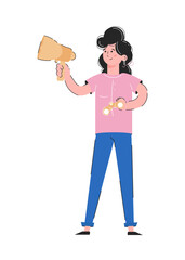 The girl holds a horn and binoculars in her hands. The concept of finding employees. Isolated on white background. Trendy vector