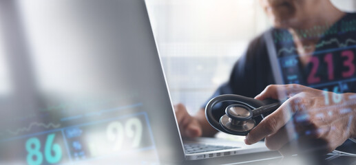 Medical technology network concept. Medicine doctor working on laptop computer with medical network connection with modern virtual screen interface