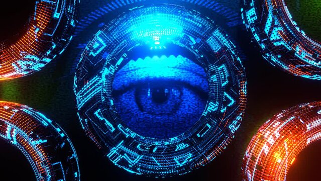 4K 3D animation. Blinking eye with tech interface. Technology futuristic virtual reality for personal safety scanning. Abstract technology background