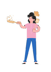 A woman holds a frying pan with food in her hands. Chef concept. Isolated on white background. Trendy vector.