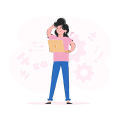 Confused girl holding a laptop. Trend illustration. Good for apps, presentations and websites. Vector.