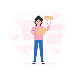 A girl in full growth holds a laptop and a phone. Trend illustration. Good for apps, presentations and websites. Vector.