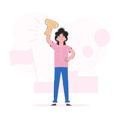 The girl holds the winner's cup in her hands. Trend illustration. Good for apps, presentations and websites. Vector.