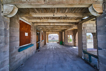 Fototapeta na wymiar Inside entrance of abandoned train station in ghost town