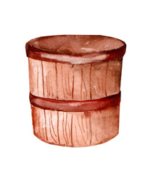 Wooden empty tub. Watercolor illustration.