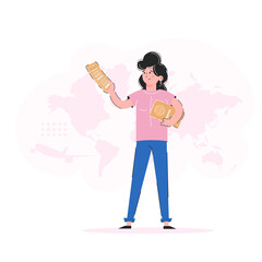 Girl holds a ticket and a passport in her hands. Travel concept. Trendy vector.