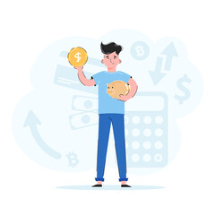 The guy in full growth holds a piggy bank and a coin. Trend illustration. Good for apps, presentations and websites. Vector.