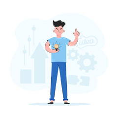 Guy and light bulb. Idea concept. Trend illustration. Good for apps, presentations and websites. Vector.