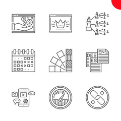 SEO Line Icons Set. Search engine optimization Related Line Icons. Page quality, traffic, income, mobile seo, links, language, colors, events calendar, viral marketing