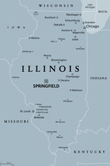 Illinois, IL, gray political map with capital Springfield and metropolitan area Chicago. State in Midwestern region of United States, nicknamed Land of Lincoln, Prairie State, and Inland Empire State. - obrazy, fototapety, plakaty