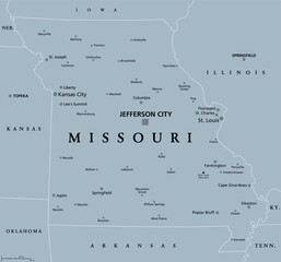 Missouri, MO, gray political map with capital Jefferson City, largest cities, lakes and rivers. State in Midwestern region of United States, nicknamed Show Me State, Cave State and Mother of the West.