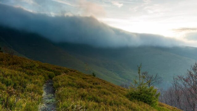 Carpathians, Pylypets, Ukraine. Mountain cloud top view landscape. Timelapse of the Magura-Dzhide mountain range in the Carpathians from the air. Mount Gemba. Shipit Karpat.