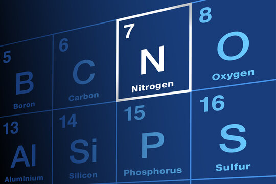 Nitrogen on periodic table of the elements. Chemical element with symbol N and atomic number 7. Occurs in all organisms in amino acids, DNA, RNA and ATP. N2 gas forms 78 percent of Earths atmosphere.