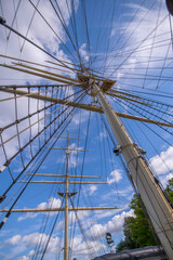 Rigg of the hostel three master fully rigged new restored ship af Chapman in the bay Strömmen a...