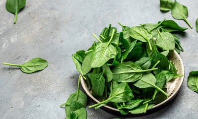Close up Spinach. Raw organic fresh baby spinach leaves in a metal bowl on dark background. Food...