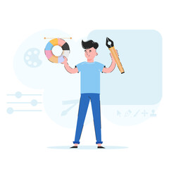 The guy is holding a graphic pen and a color wheel in his hands. Trend illustration. Good for apps, presentations and websites. Vector.