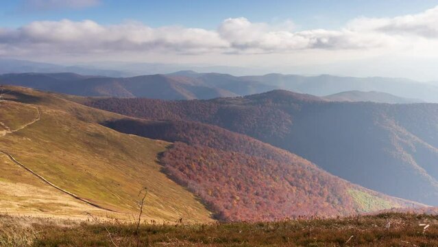 Carpathians, Pylypets, Ukraine. Mountain cloud top view landscape. Timelapse of the Magura-Dzhide mountain range in the Carpathians from the air. Mount Gemba. Shipit Karpat.