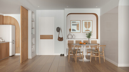 Contemporary dining room and kitchen in white and wooden tones, round table with chairs, rattan commode, entrance door with cloth hanger. Parquet and decors. Modern interior design