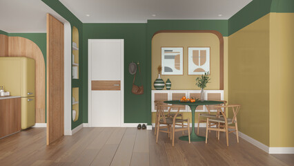 Contemporary dining room and kitchen in green and wooden tones, round table with chairs, rattan commode, entrance door with cloth hanger. Parquet and decors. Modern interior design