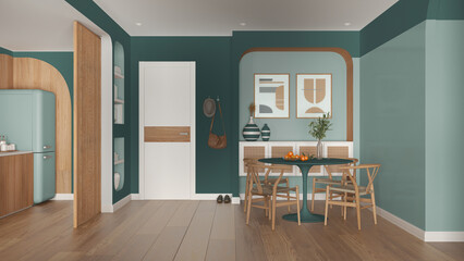 Contemporary dining room and kitchen in turquoise and wooden tones, round table with chairs, rattan commode, entrance door with cloth hanger. Parquet, decors. Modern interior design