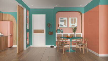 Fototapeta premium Contemporary dining room and kitchen in turquoise, orange and wooden tones, round table with chairs, rattan commode, entrance door with cloth hanger. Parquet. Modern interior design