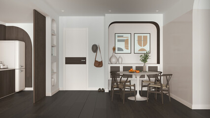 Contemporary dining room and kitchen in dark and wooden tones, round table with chairs, rattan commode, entrance door with cloth hanger. Parquet and decors. Modern interior design