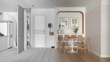 Architect interior designer concept: hand-drawn draft unfinished project that becomes real, dining room and kitchen, table with chairs, entrance door with cloth hanger. Parquet