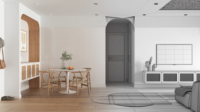 Architect interior designer concept: hand-drawn draft unfinished project that becomes real, dining and living room, table with chairs, sliding door. Rattan television cabinet