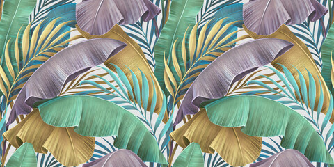 Tropical colourful leaves in blue, green, gold, purple. Hand-painted 3d illustration. Floral seamless pattern, premium texture, abstract background. Luxury mural art, exotic wallpaper, digital paper   - 507482583