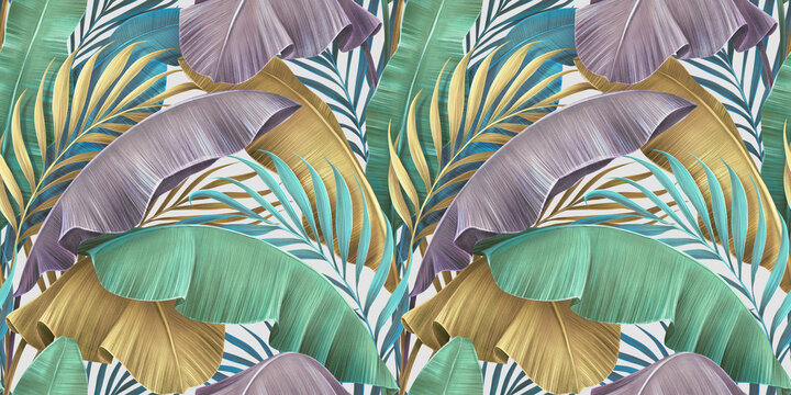 Tropical colourful leaves in blue, green, gold, purple. Hand-painted 3d illustration. Floral seamless pattern, premium texture, abstract background. Luxury mural art, exotic wallpaper, digital paper  