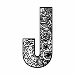 Zentangle letter J monogram font. Vector ornamental and decorative template illustration for printing on postcards, t-shirts, bags, cups, clothing, Wallpaper, posters, coloring books, interior paintin