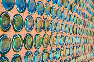 Colorful wall of glass bottles on house in Rhyolite ghost town