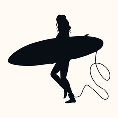 Surf girl minimalistic vector illustration. Flat style digital art. Young woman with surfboard in full growth