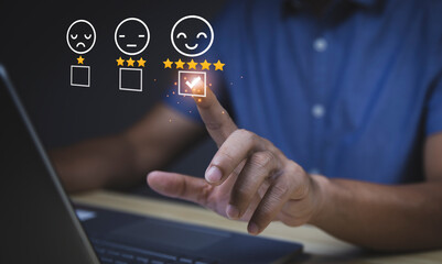 Obraz premium User give rating to service experience on online application, Customer review satisfaction feedback survey concept, Customer can evaluate quality of service leading to reputation ranking of business. 