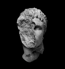 Illustration of broken head sculpture of classical style isolated on black background in grayscale from 3D texture displacement rendering.