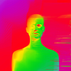 Abstract Glitch Art illustration from 3D rendering in corrupted CRT TV and VHS style and pixel sorting effect of a frontal female bust figure with bright psychedelic vaporwave colors.
