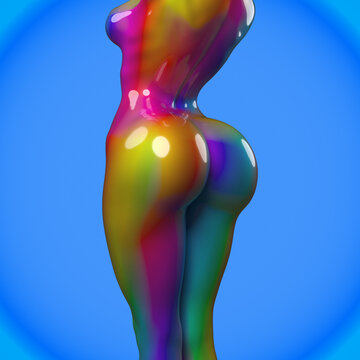 Abstract Illustration From 3D Rendering Of A Nude Woman's Sexy Body Back In Metallic Reflecting Car Paint Rainbow Colored Material Isolated On Blue Background.