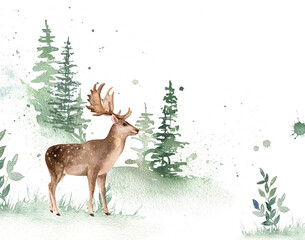 Watercolor woodland animal. Reindeer illustration. Hand drawn forest landscape. For print, postcard, greeting card, fabric, textile, wedding, invitation