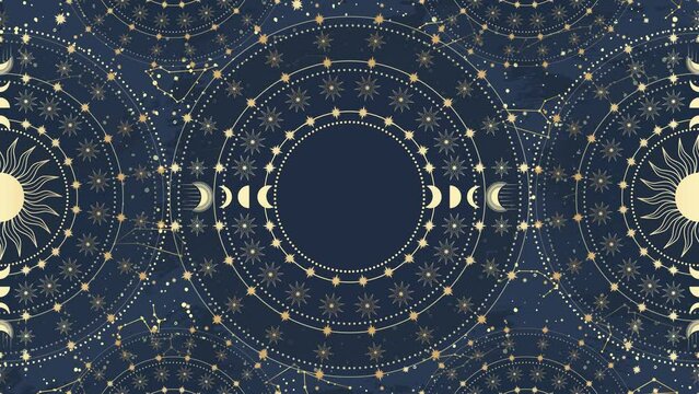 Animation of golden Sun, Moon, star, constellation. Constellation celestial space. Zodiac horoscope symbol, star astrology, astrology sign, icon. Magic space galaxy 4K video on blue background