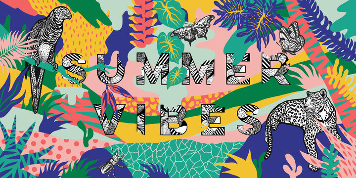 Colorful Summer Vibes Illustration With Animals And Plants 