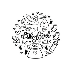 Baby girl doodle elements. Newborl illustration.