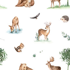 Obraz na płótnie Canvas Woodland animal seamless pattern, cute deer, bear, chipmunk, hedgehog. Watercolor hand drawn texture on white background. Forest friends design for print, postcard, greeting card, fabric, textile