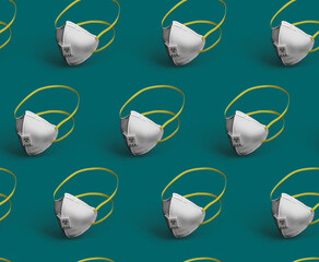 Seamless flat pattern of antiviral face masks from 3d rendering on green background.