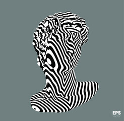 Vector abstract and white striped triangles pattern illustration from 3D rendering of classical head sculpture isolated on gray background.  