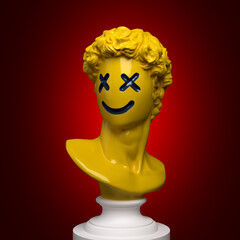 Abstract concept illustration of faceless yellow classical bust on pedestal with carved black emoticon style face from 3d rendering on dark red background.