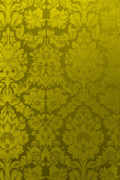 Retro floral ornamental victorian wallpaper fabric in green yellow full frame repeating