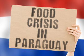 The phrase " Food crisis in Paraguay " is on a banner in men's hands with a blurred Paraguayan flag in the background. Crisis. Finance. Life. Nutrition. Bread. Disaster. Collapse. Social issue